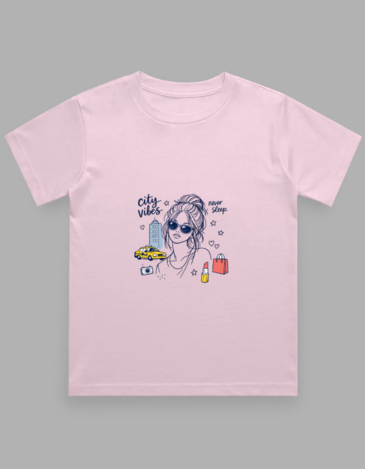 Pink urban city style t-shirt with a graphic design on a gray background