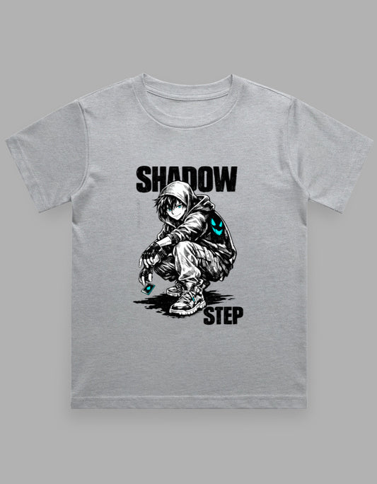 Gray t-shirt with a graphic of a person in a hoodie and text 'Shadow Step' on a gray background