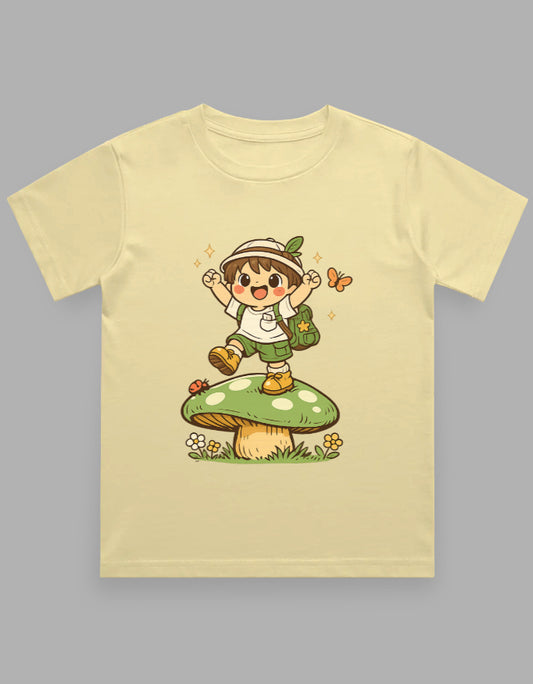 Children's t-shirt with a cartoon character on a mushroom and grass design against a gray background