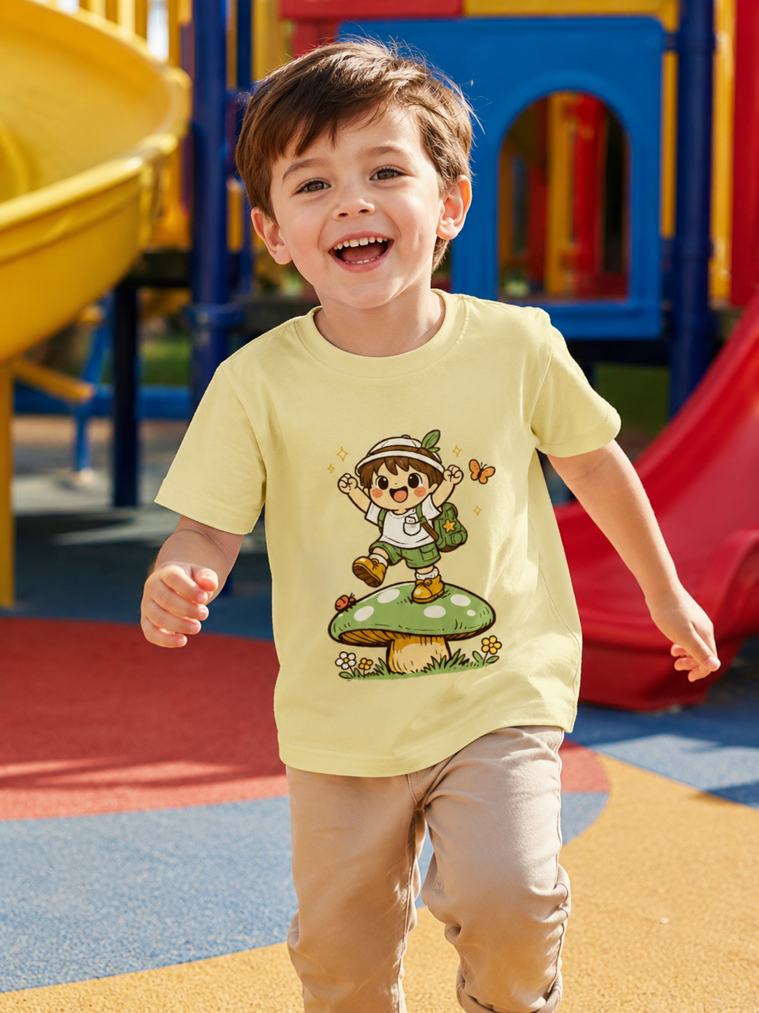 Boy wearing a yellow t-shirt with a cartoon character on a playground stand on mushroom