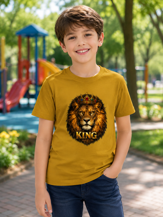 Boys wearing Kids Royal Lion King Graphic T-Shirt in Mustard Yellow by Tressan