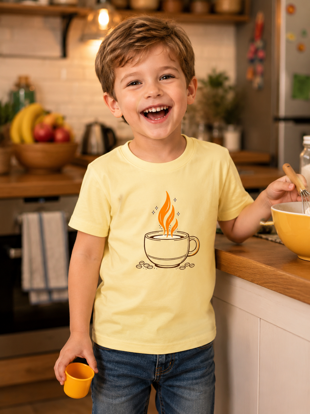 Boy wearing a yellow t-shirt with a coffee cup design in a kitchen.