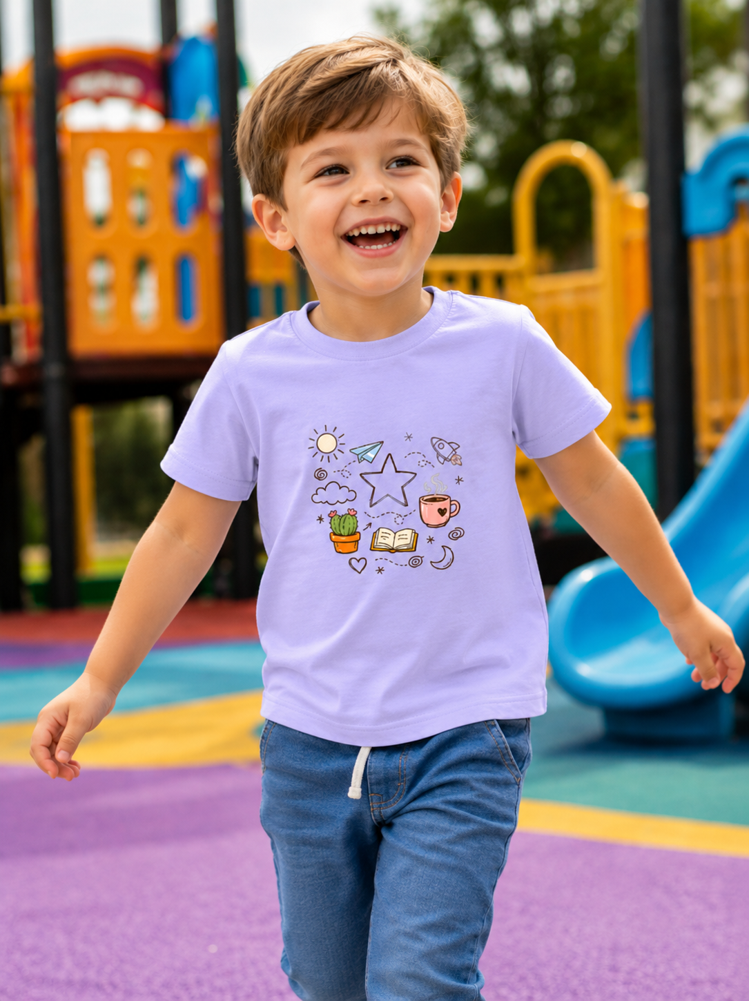 Boy wearing a light purple t-shirt with cartoon designs on a playground.