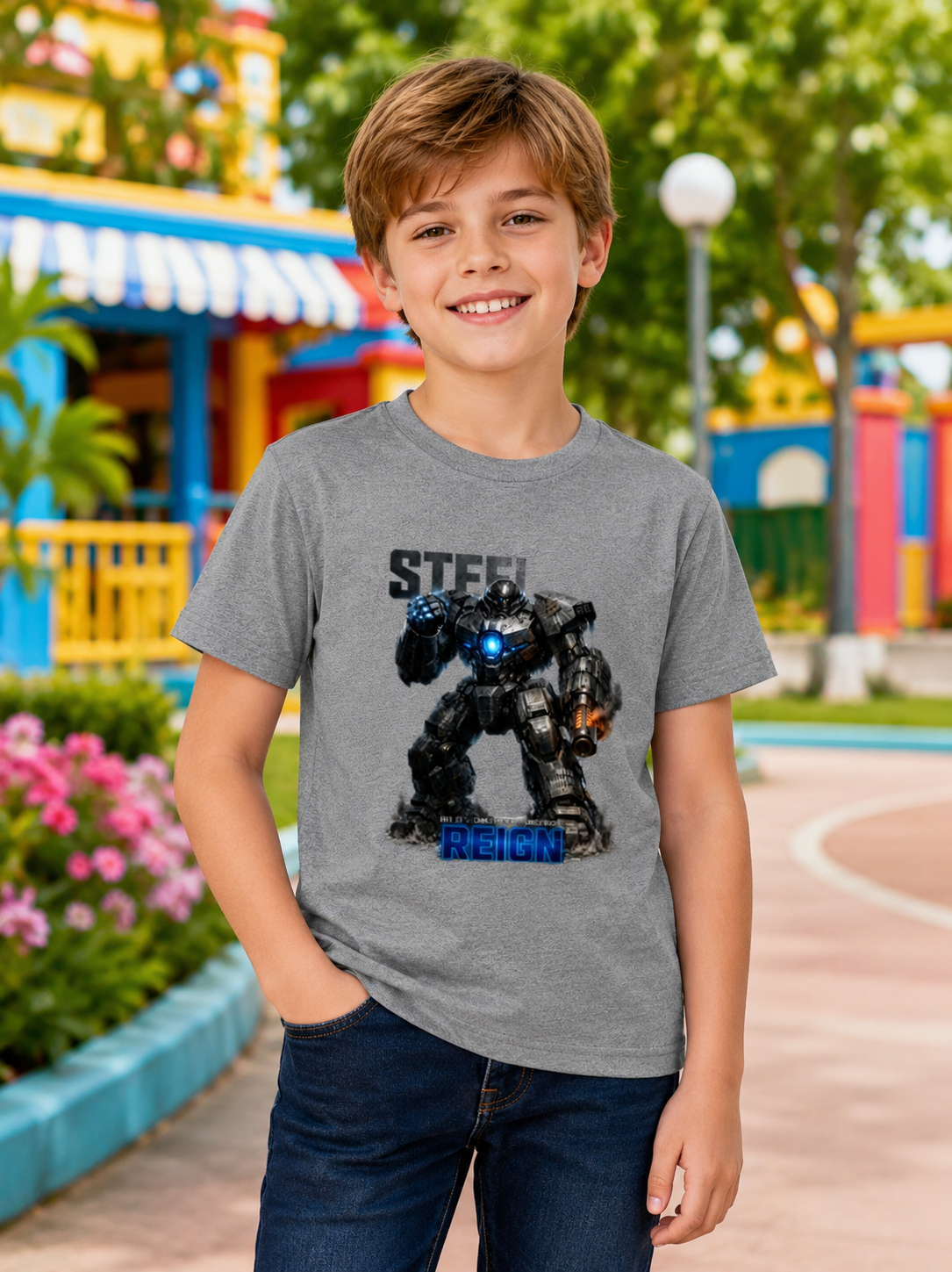 Young Boy wearing a gray t-shirt with a robot graphic in an outdoor setting