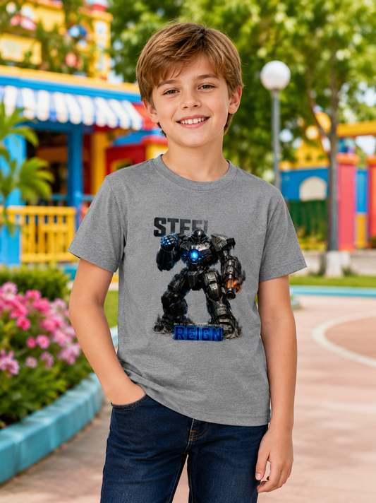 Young Boy wearing a gray t-shirt with a robot graphic in an outdoor setting