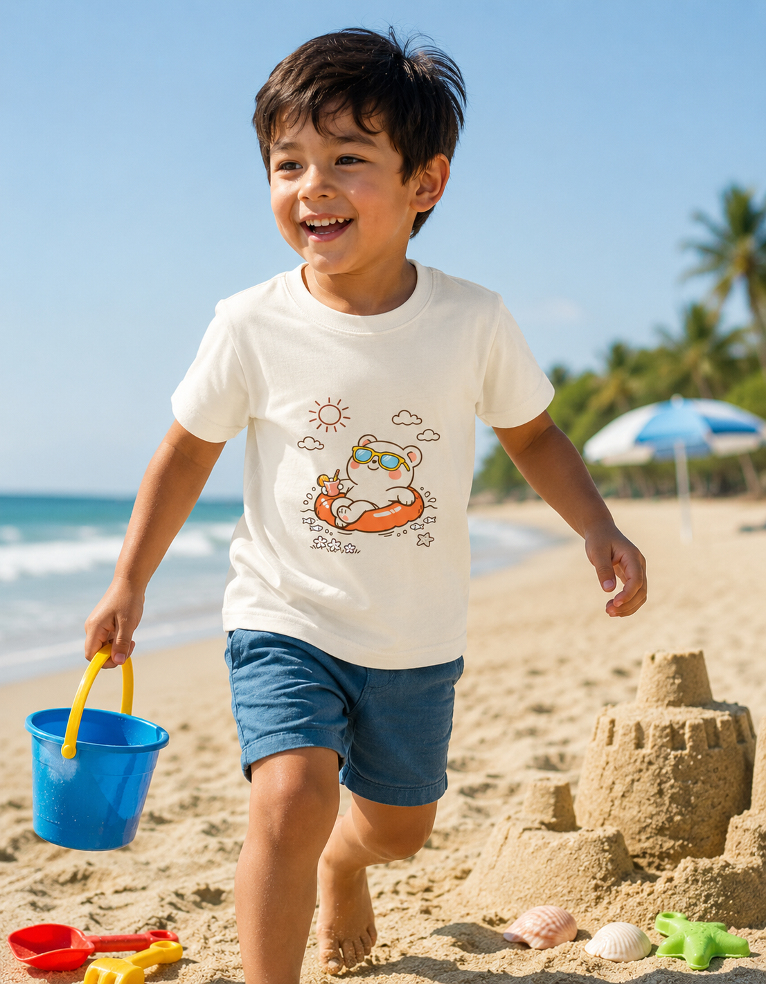 Boy on a beach with sandcastle and toys, wearing a white t-shirt with a chill bear cartoon design.