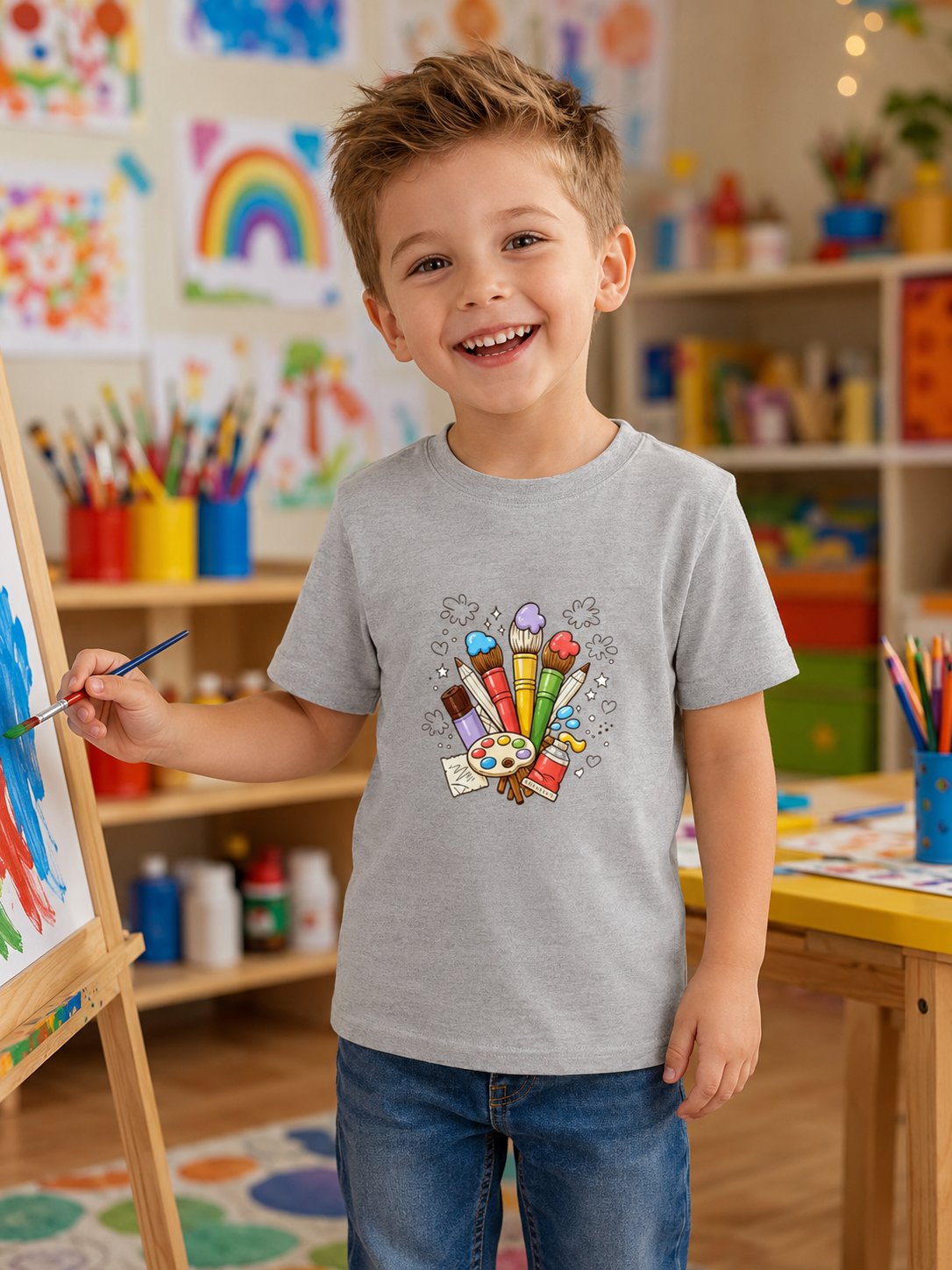 Boy in a classroom setting wearing a gray colorful art t-shirt with colorful art supplies design, holding a paintbrush.