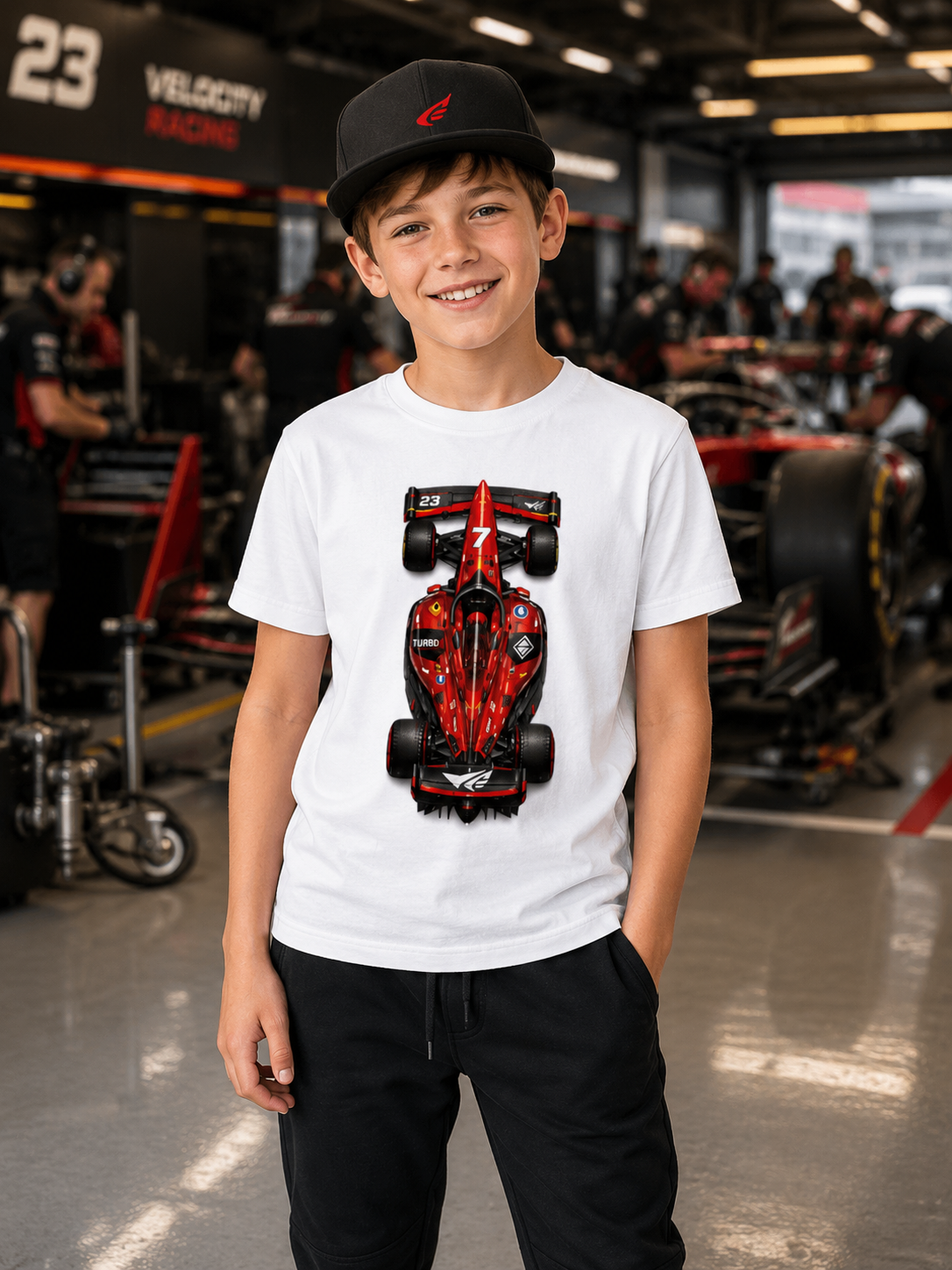 Boy wearing a white t-shirt with a red F1 race car graphic in a garage setting