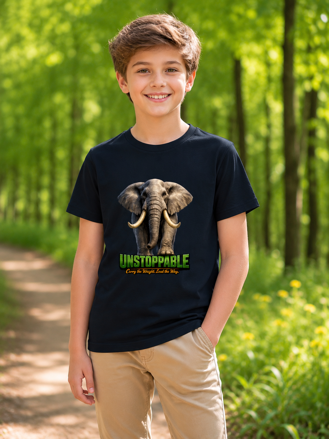 Boy wearing a black t-shirt with an elephant graphic and text in a forest setting