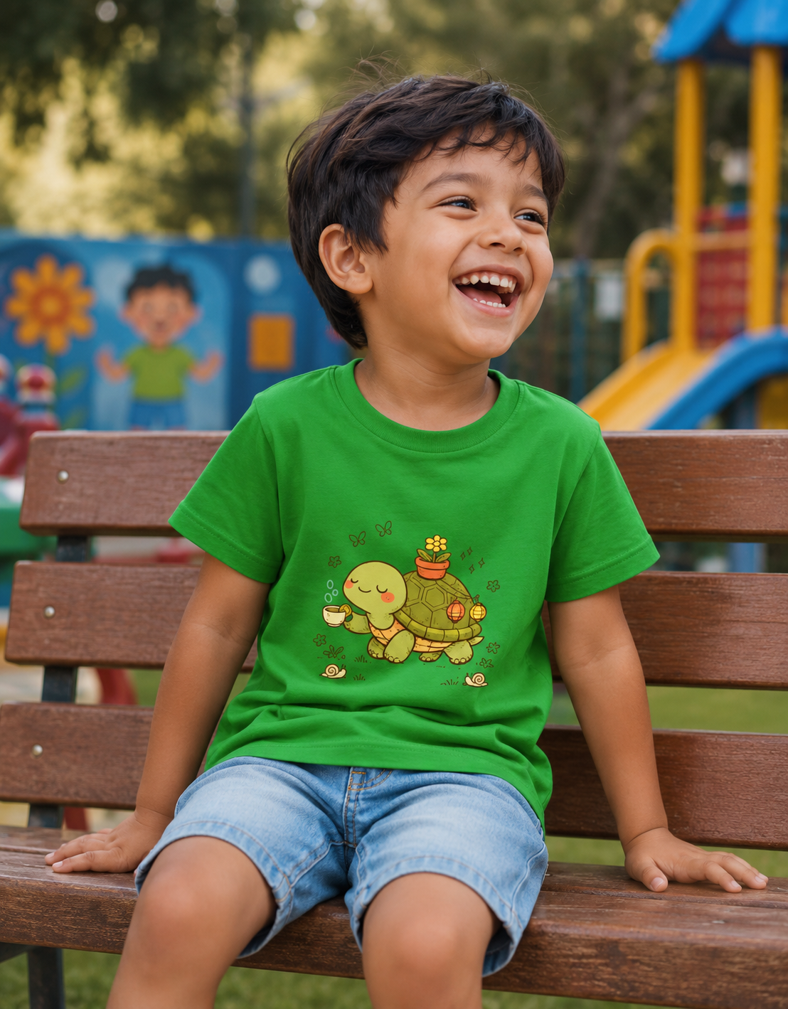 Boy wearing a green t-shirt with a turtle design, sitting on a bench in a park.