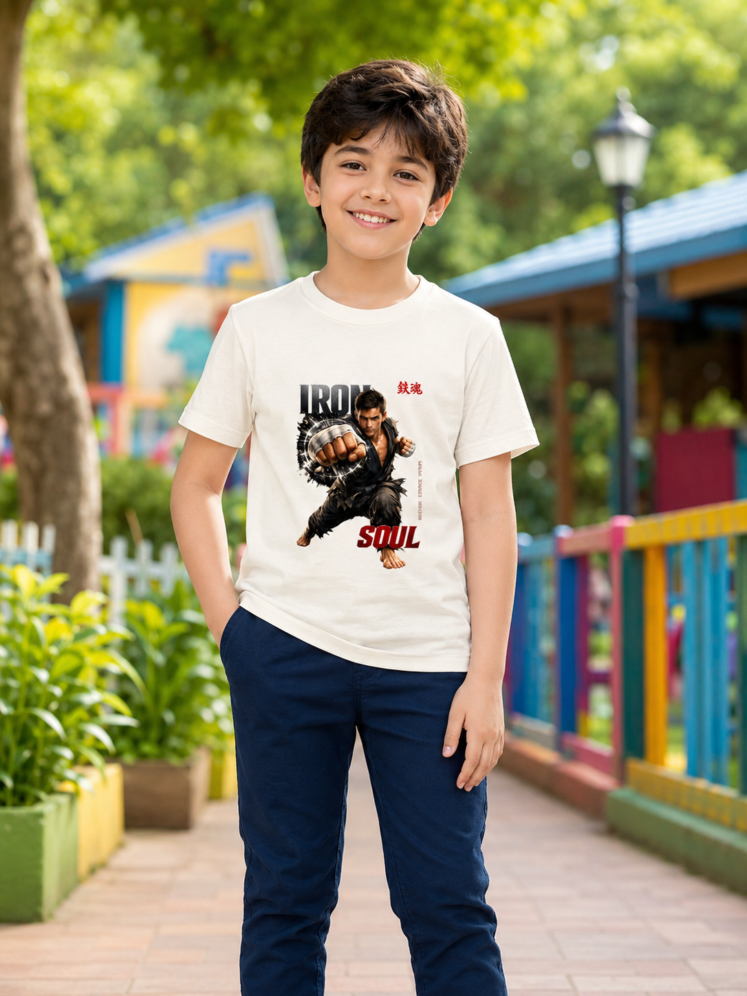 Young Boy wearing a t-shirt with a graphic design in an outdoor setting