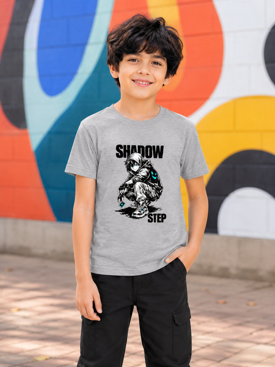 Young boy wearing a gray t-shirt with a graphic design in front of a colorful mural.