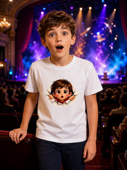 Boy wearing a white t-shirt with a graphic design on stage with colorful lights and audience.