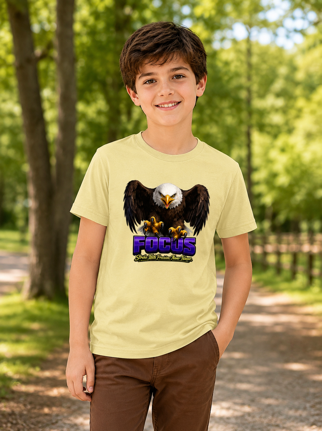 Boy wearing a light yellow t-shirt with an eagle graphic and 'FOCUS' text, standing outdoors.