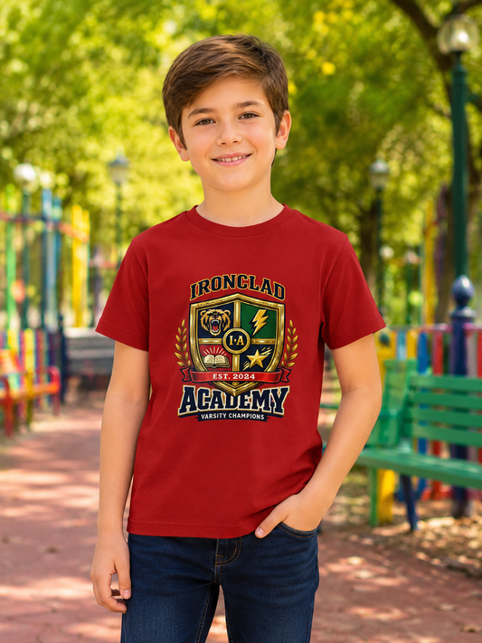 Young boy wearing a red 'Ironclad Academy' t-shirt in an outdoor setting with playground equipment.