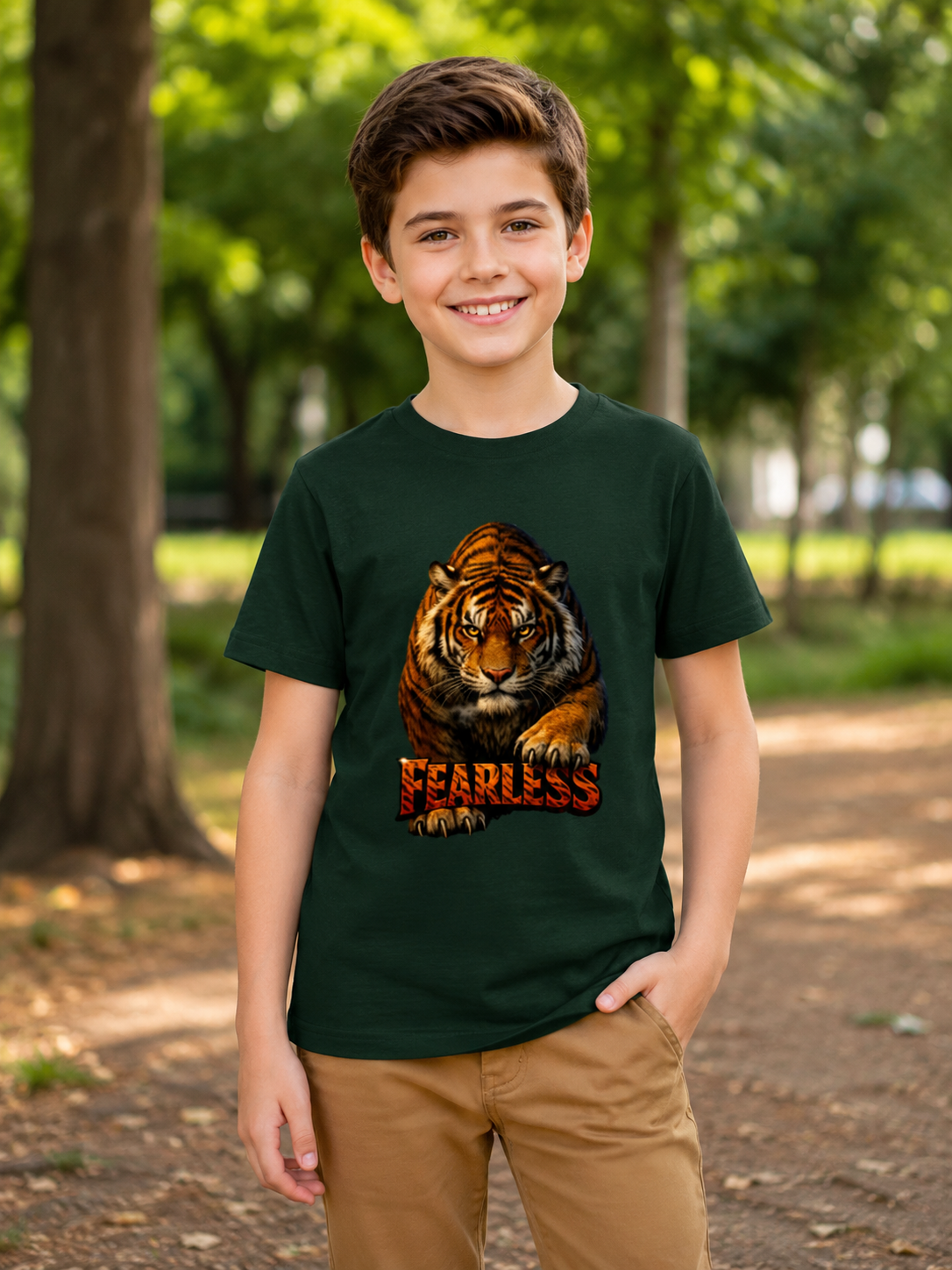 Boy wearing a green t-shirt with a tiger graphic and 'Fearless' text in a park setting