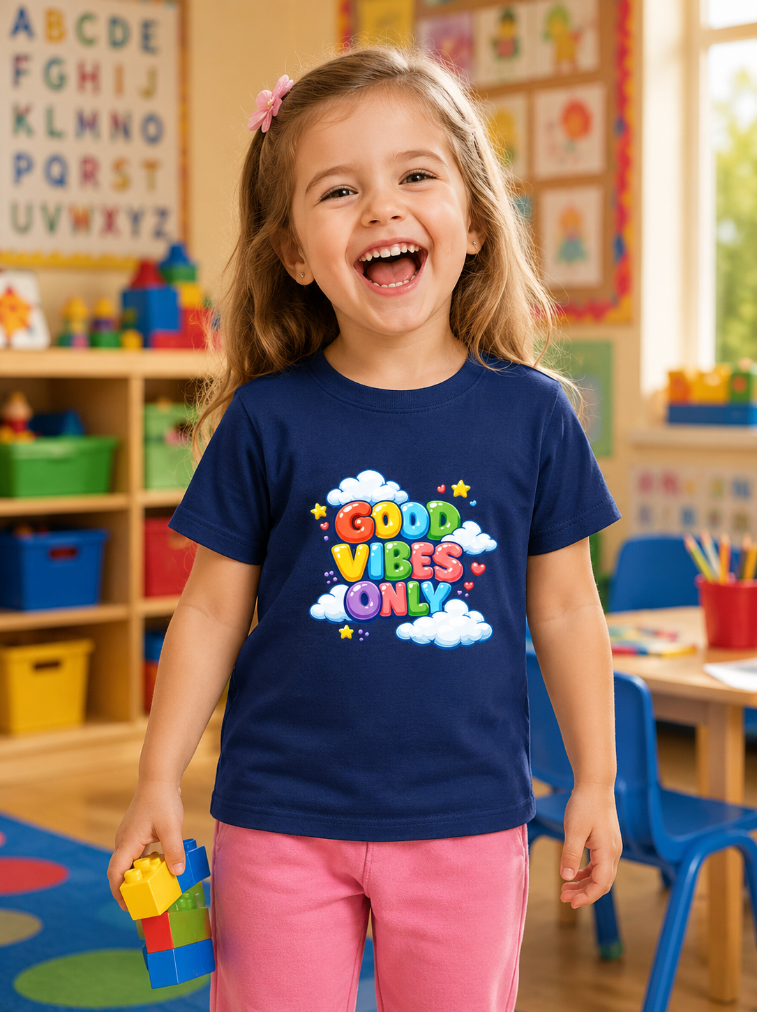 Girl wearing a 'Good Vibes Only' t-shirt in a classroom setting