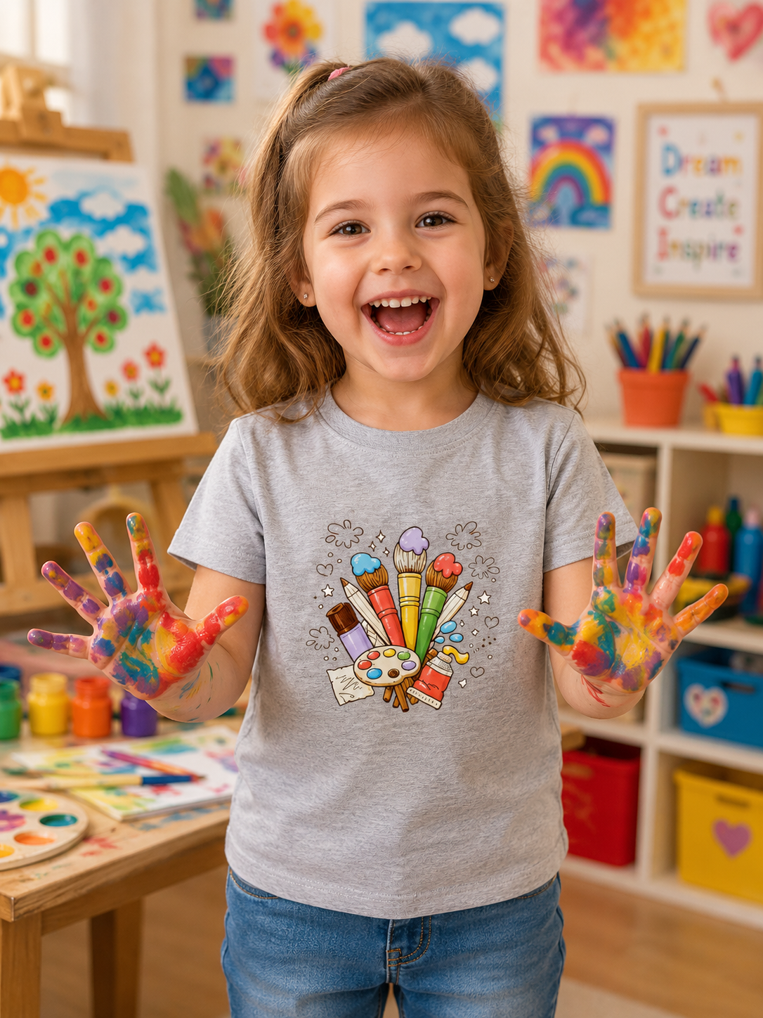 Girl wear art paint T-Shirt with paint on hands in a classroom setting