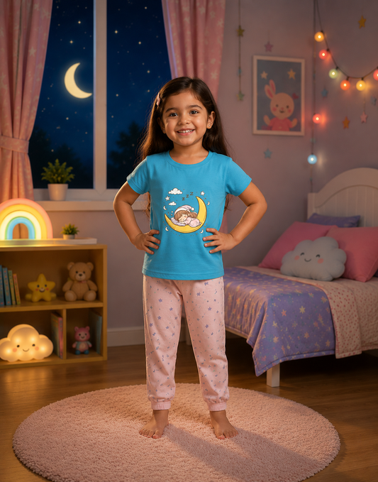 Girl in a blue t-shirt and pink pajama pants NIGHT SUIT standing in a bedroom with colorful decor.