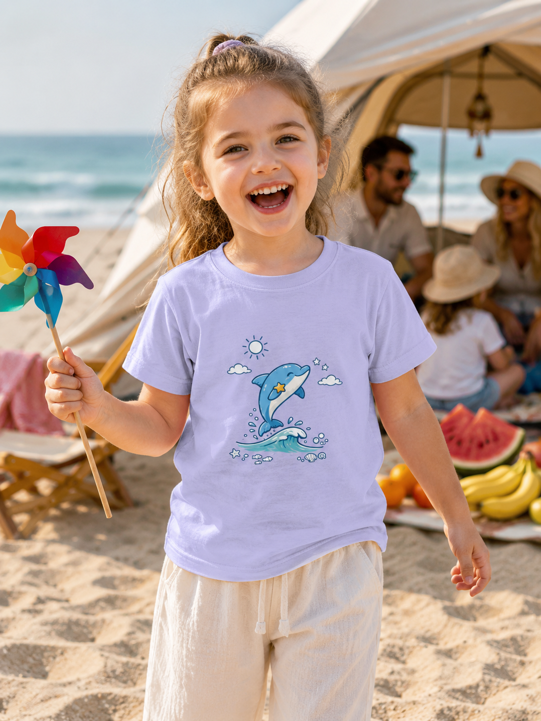 Girl on a beach holding a rainbow windmill, wearing a t-shirt with a dolphin design.