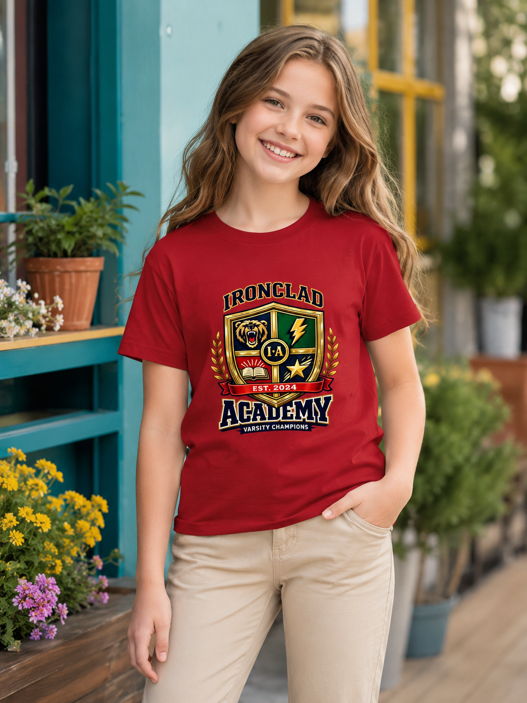 Young girl wearing a red t-shirt with 'Ironclad Academy' design, standing outdoors.