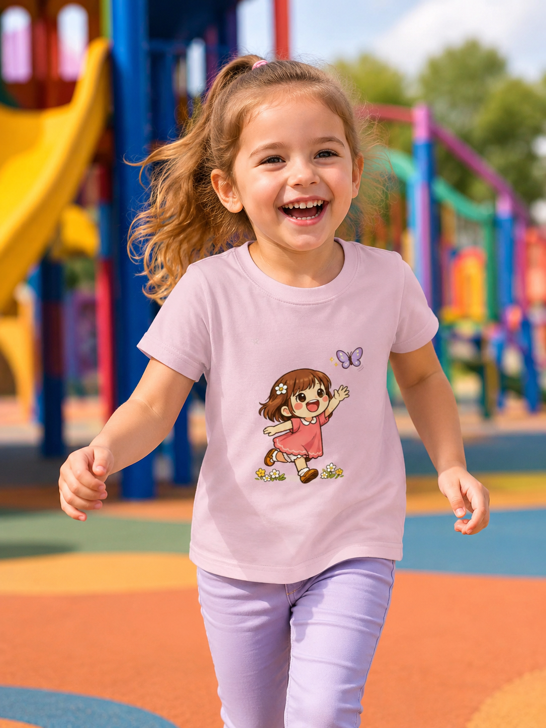 Girl wearing a pink t-shirt with a cartoon character on a playground trying to chase butterfly