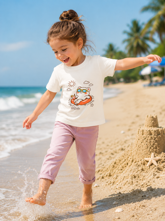 Girl playing on a beach with a sandcastle, wearing a white t-shirt with a cartoon design and pink pants.