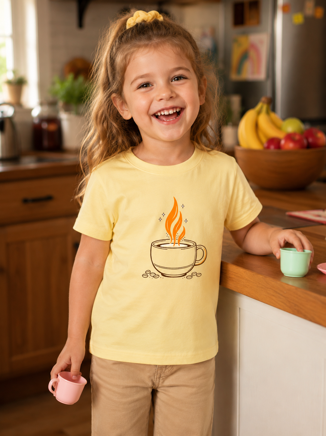 Girl wearing a yellow t-shirt with a coffee cup design, standing in a kitchen.