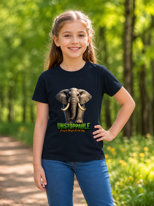 Young girl wearing a black t-shirt with an elephant graphic and 'Unstoppable' text, standing in a forest.