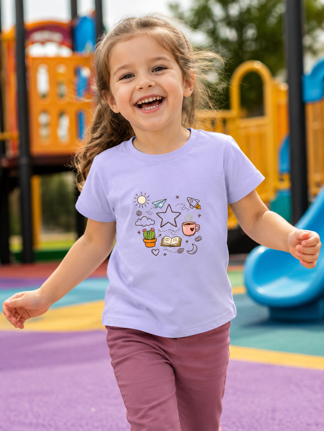 Girl wearing a light purple t-shirt with cartoon designs on a playground.