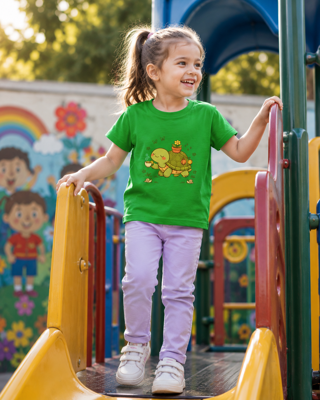 Girl in a green t-shirt with a tortoise design on a playground