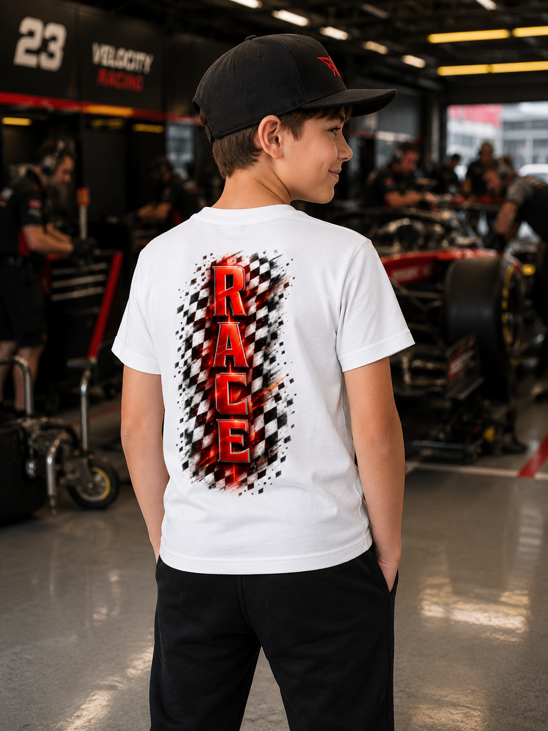 Child wearing a white t-shirt with 'RACE' design in a garage setting