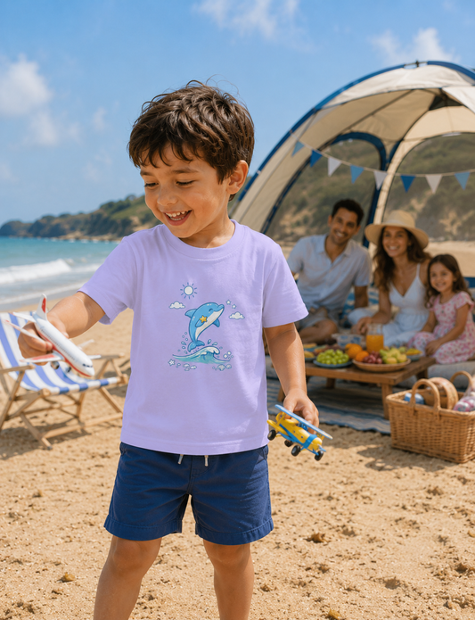 Boy playing with a toy airplane on a beach wearing dolphin T-Shirt