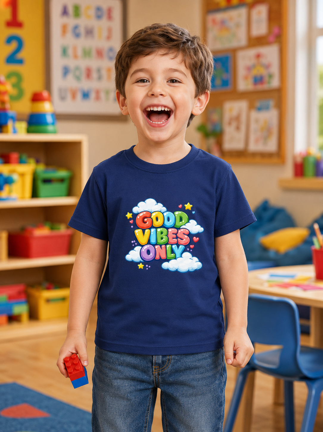 Boy wearing a 'Good Vibes Only' t-shirt in a classroom setting