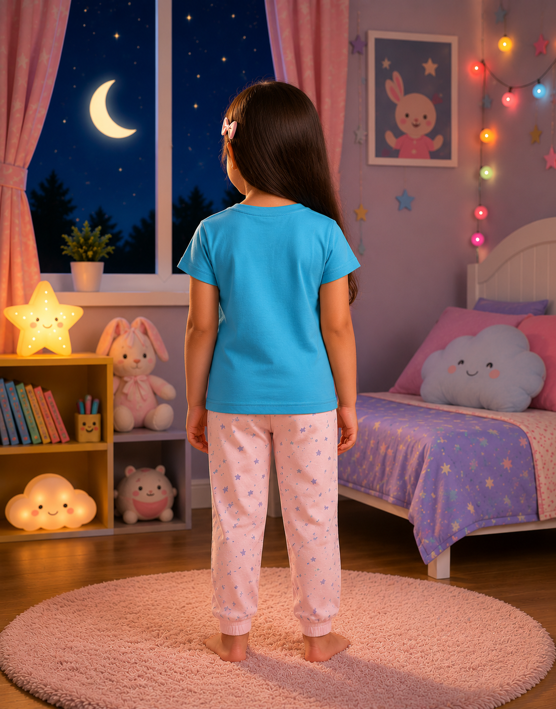 Sleepy Night Kids T-Shirt | Cute Girl Sleeping on Moon Cartoon Graphic Tee for Girls
