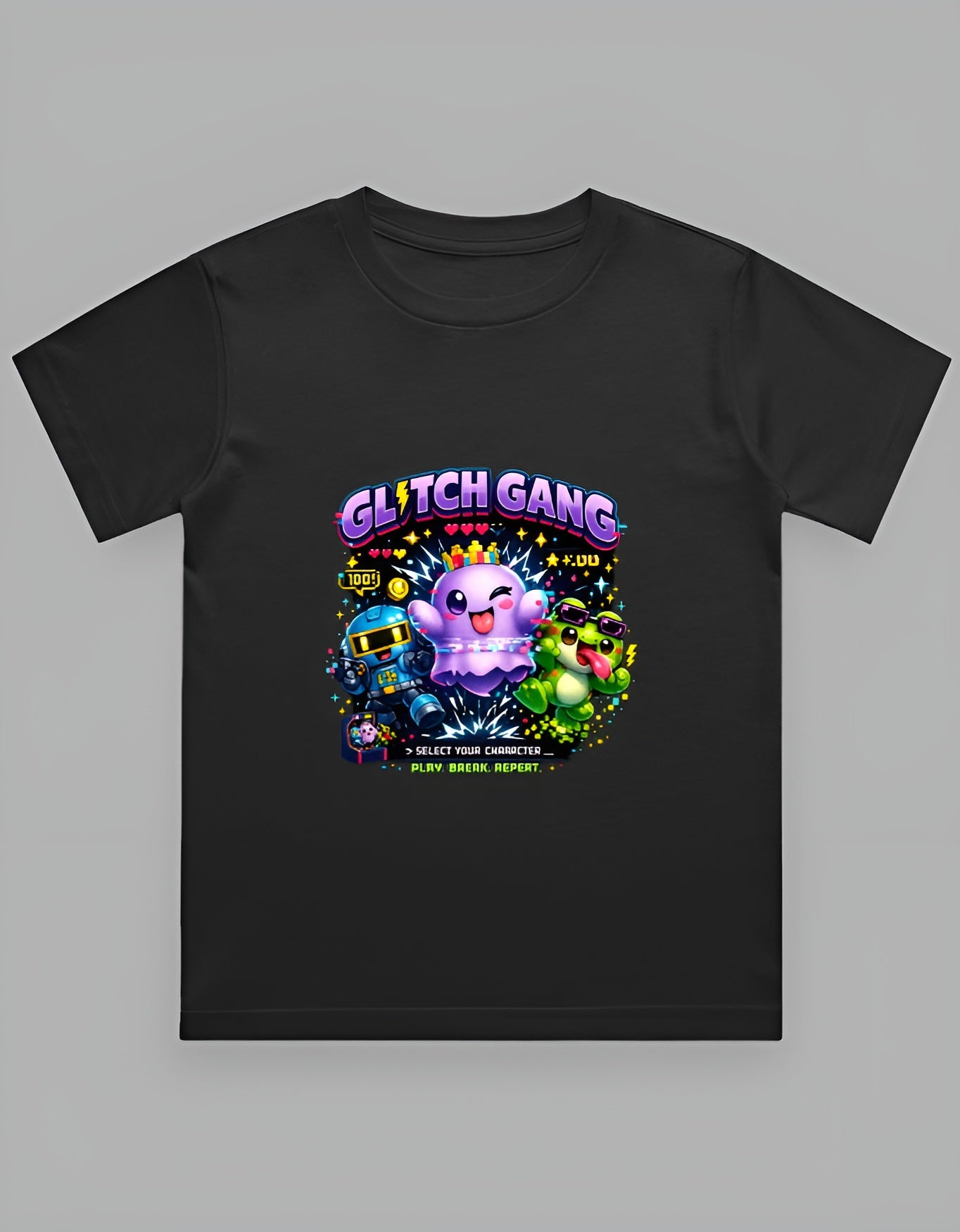 Glitch Gang Kids Gaming T-Shirt | Pixel Art Retro Arcade Graphic Tee | Y2K Gaming Style