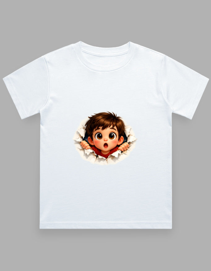 White t-shirt with an animated character print on a gray background