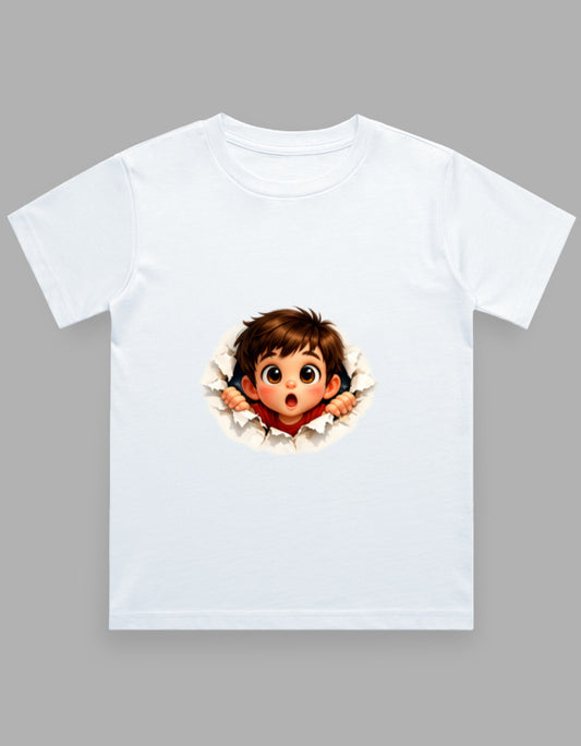 White t-shirt with an animated character print on a gray background