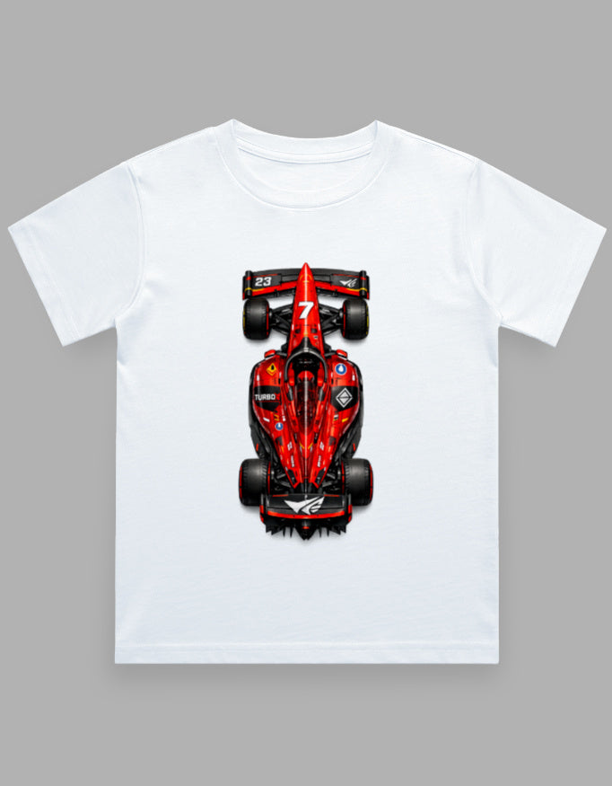 White t-shirt with a red Formula 1 car graphic on a gray background