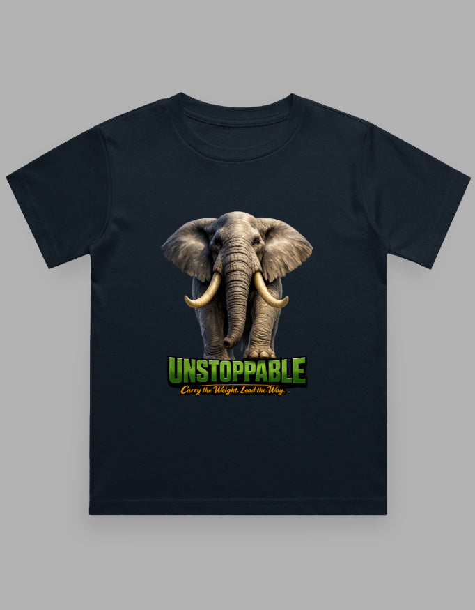 Black t-shirt with 3D elephant graphic and 'Unstoppable' text on a gray background