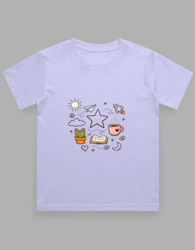 Light purple t-shirt with colorful illustrations on a gray background