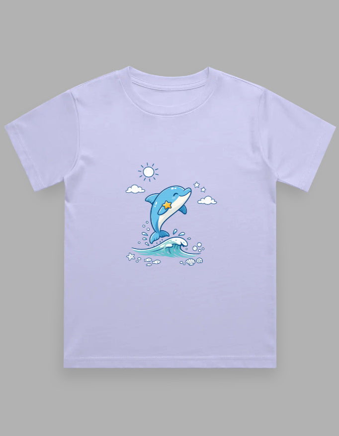 Light purple t-shirt with a dolphin graphic on a gray background