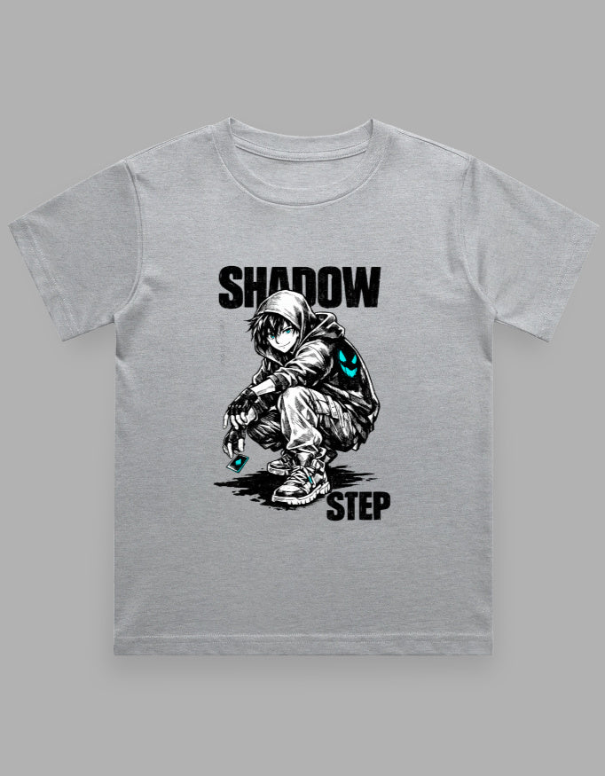 Gray t-shirt with a graphic of a person in a hoodie and text 'Shadow Step' on a gray background