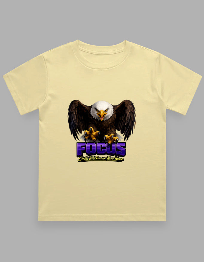 Beige t-shirt with 3D eagle graphic and 'FOCUS' text on a gray background
