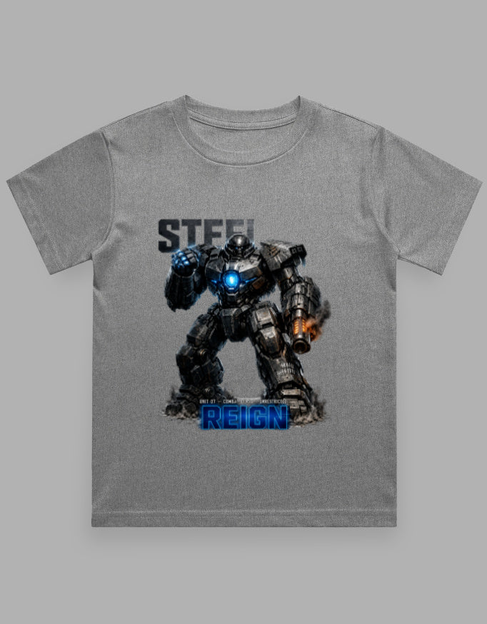 Gray t-shirt with a robot graphic and 'STEEL REIGN' text on a gray background