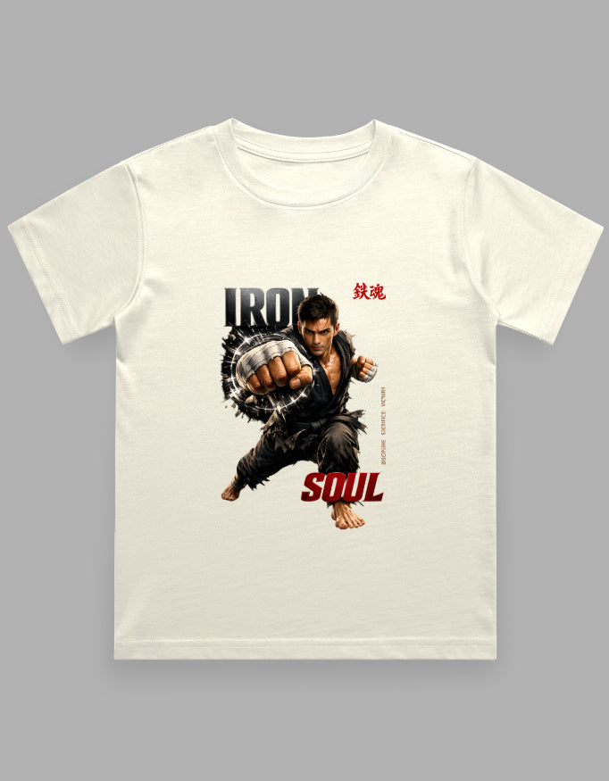 White t-shirt with a graphic design of a character holding a rock, labeled 'Iron Soul', on a gray background.