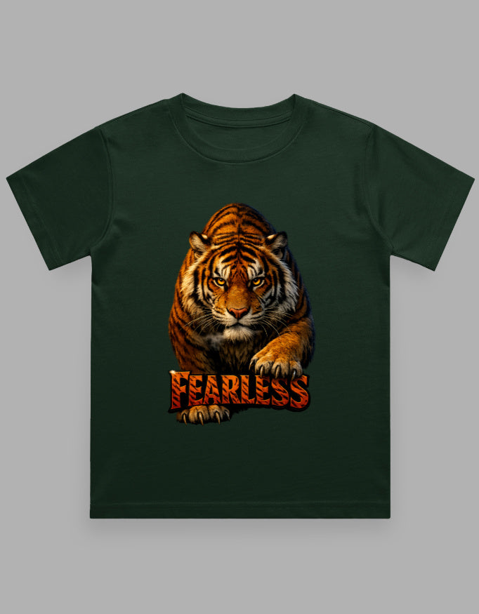 Green t-shirt with a tiger graphic and 'FEARLESS' text on a gray background