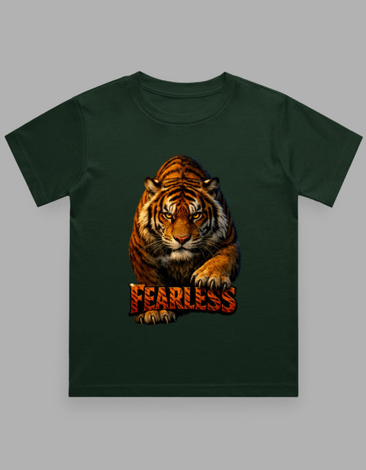 Green t-shirt with a tiger graphic and 'FEARLESS' text on a gray background