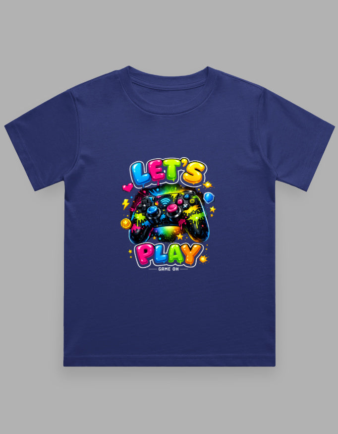 Navy blue t-shirt with colorful 'Let's Play' graphic on a gray background