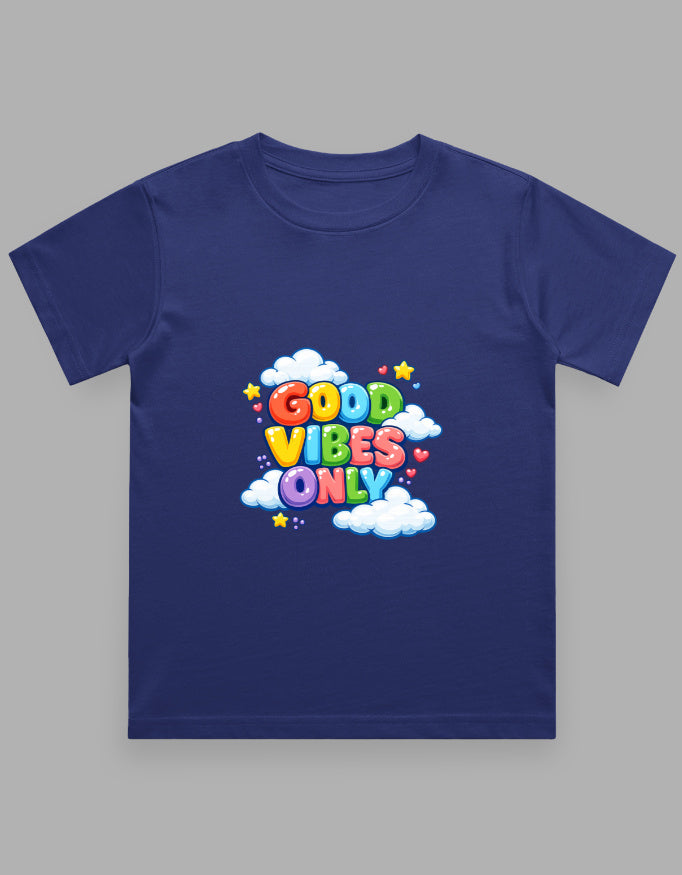 Navy blue t-shirt with 'Good Vibes Only' text and graphics on a gray background